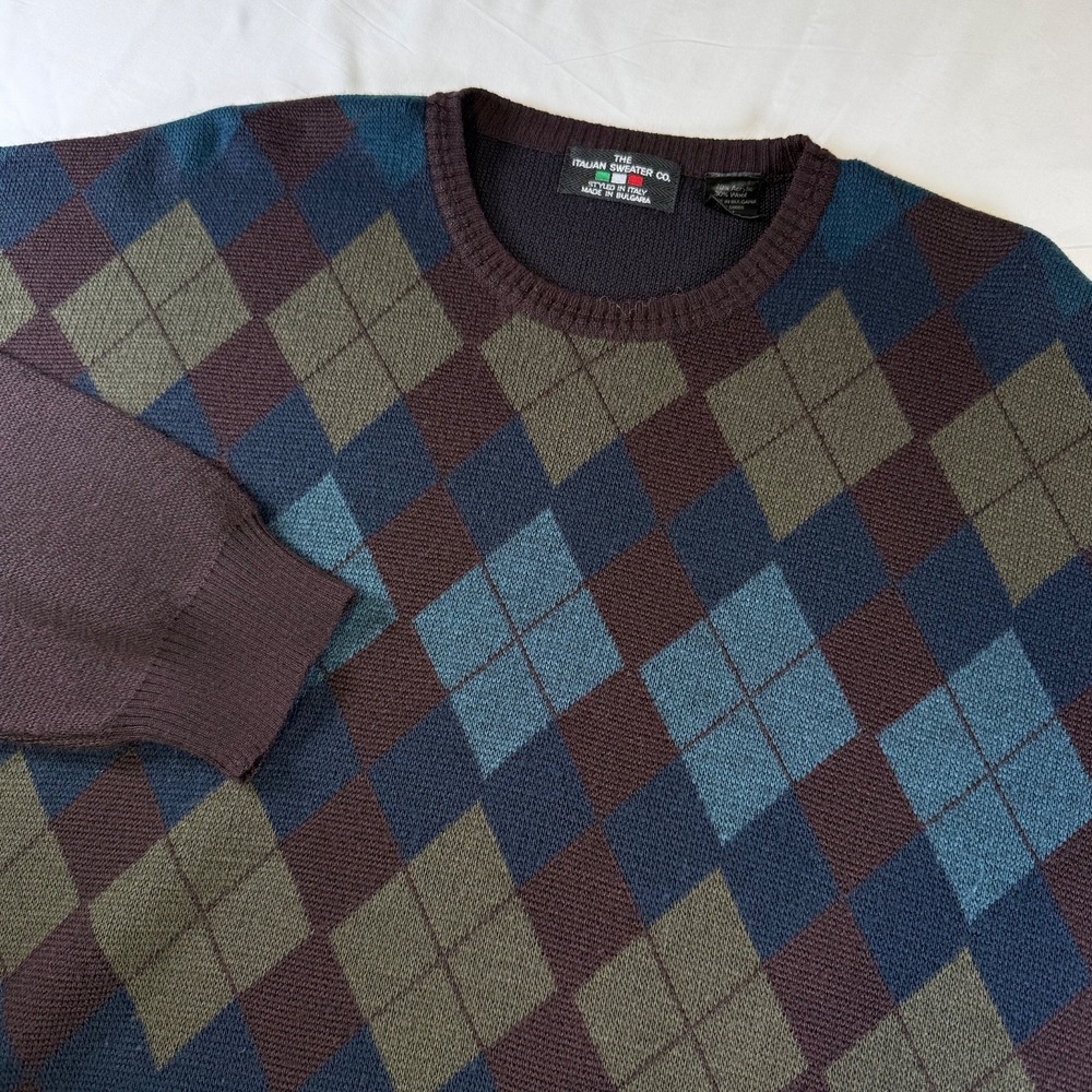 The Italian Sweater Co. Vintage Argyle Sweater Men's Size XL Wool Blend